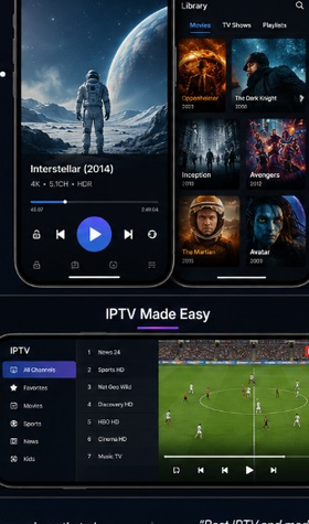 Xtreme Player showing Interstellar now playing and movie library on iPhone